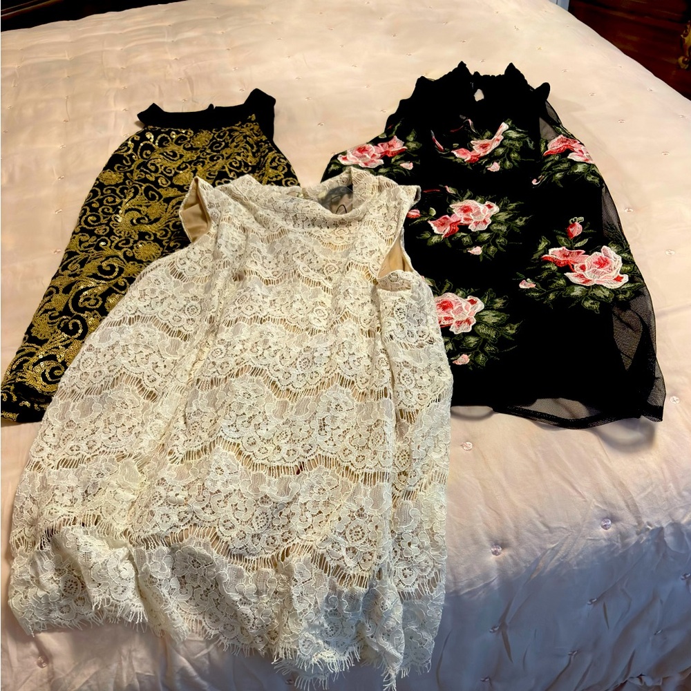 Elegant Lace, Floral Embroidered and Black w/Gold Sequin Top